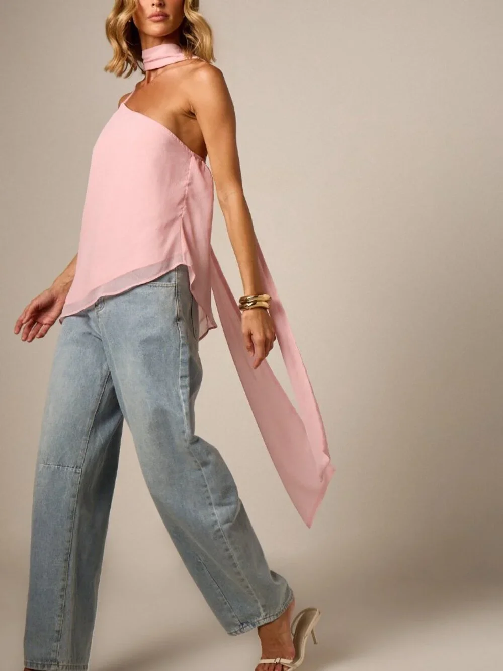Pink Casual Women's Tie Dye Asymmetric Cloak Sleeve Long Chiffon Top